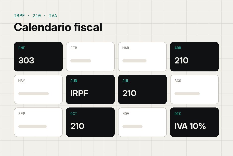 Ilustración de un calendario fiscal con los plazos del IRPF, el modelo 210 y el IVA