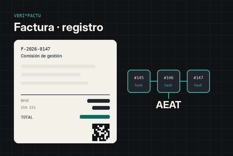 Ilustración de una factura con código QR y la marca de un registro encadenado